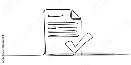 A single continuous line drawing of a document page with a check mark indicating completion status Vector, illustration