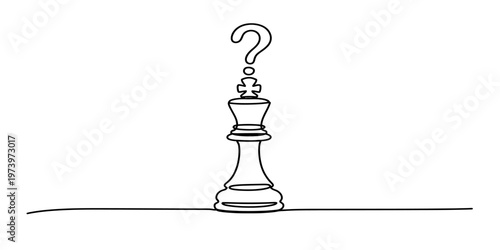 A single continuous line drawing of a chess king piece with a question mark floating above it. Vector, illustration