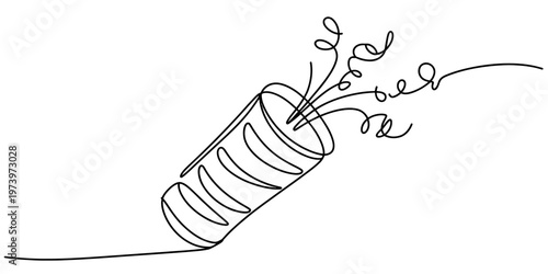 A single continuous line drawing of a festive party popper exploding with joyful celebration art Vector, illustration