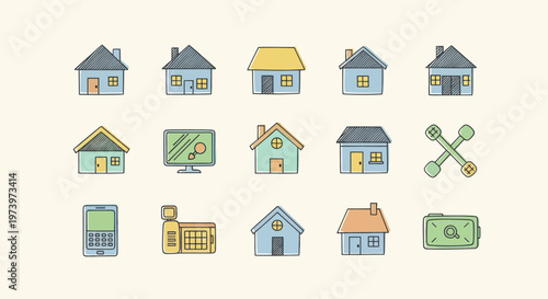 Collection of various house and home-related icons in a colorful, outlined style.