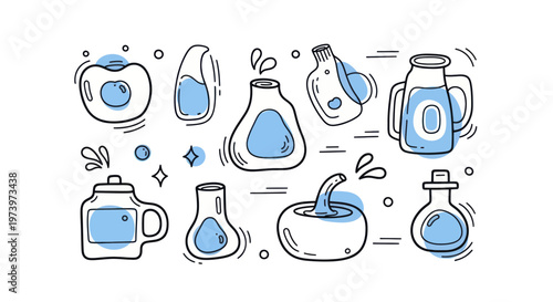 Collection of various stylized bottles and containers with blue liquid.