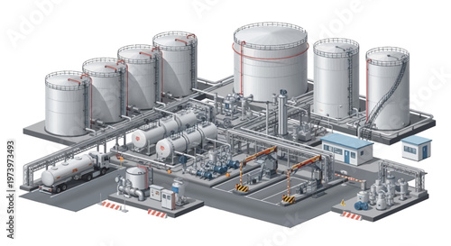 Isometric vector illustration of an oil and gas energy infrastructure facility featuring storage tanks, pipelines, and industrial equipment conveying a technological and business-oriented