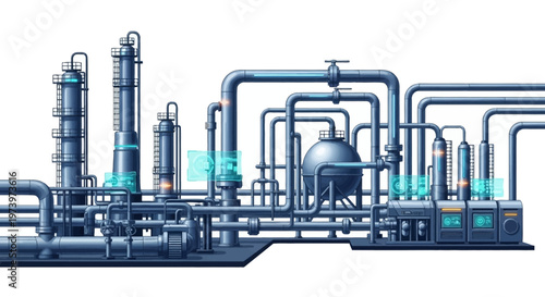 Detailed vector illustration showcasing oil and gas energy infrastructure with complex piping and industrial design, rendered in a clean, modern style against a plain white background