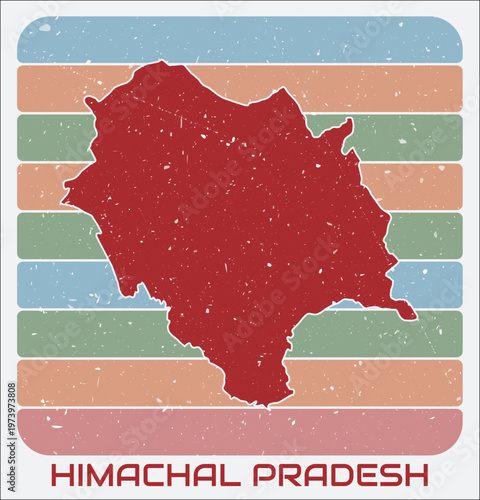 Himachal Pradesh, India vintage logo. Shape of the state on retro colored stripes background. Himachal Pradesh, India map design with grunge scratch texture. Vector illustration.