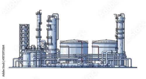 Detailed vector illustration showing an oil and gas energy infrastructure plant with multiple tanks and pipelines, rendered in a technical drawing style against a clean white background