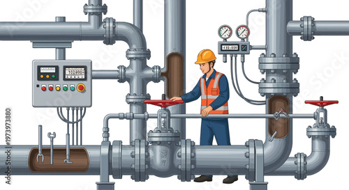 Vector illustration depicting an industry worker in safety gear adjusting a valve within a complex oil and gas energy infrastructure, set against a clean white background with a technical