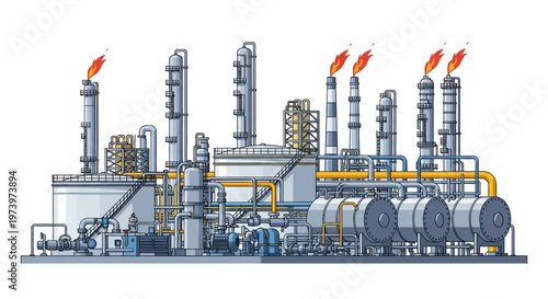 Detailed vector illustration showcasing a complex oil and gas energy infrastructure design, featuring interconnected pipes and towers against a clean white background, ideal for business