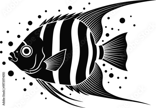 Black and white angelfish vector illustration with striped pattern, marine life aquatic design, decorative fish artwork isolated on background clean