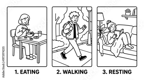 Daily Life Activities - People Eating, Walking, Resting - Black and White Line Art