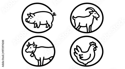 Agriculture Food Farming Livestock Outline Icons Set - Pig, Goat, Cow, Chicken