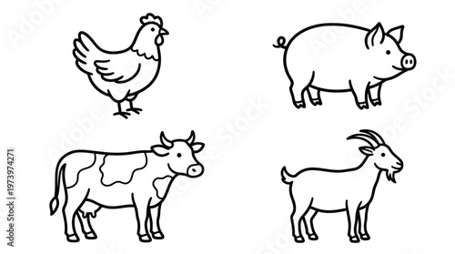 Simple Black  White Line Art Farm Animals Icons - Agriculture  Livestock Vector Set