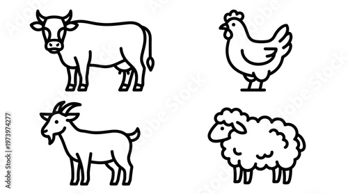 Agriculture Farm Animals Icons. Cow, Chicken, Goat, Sheep Black  White Line Art.