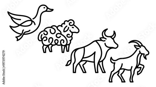 Black Line Art Farm Animals Icons Set: Duck, Sheep, Bull, and Goat Vector Illustrations