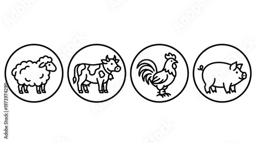 Livestock Farm Animals Outline Icons for Food and Agriculture Industry