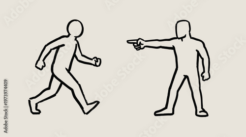 Black  White Line Art: Person Pointing at Running Figure - Direction, Blame Concept