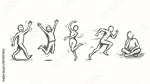 Psychology  Wellness: Black and White Line Art Sketch of Human Emotions  Actions