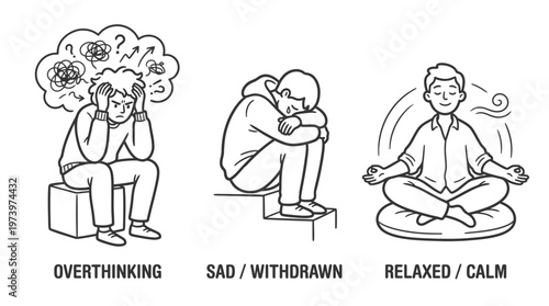 Mental Health  Wellness: Emotional States - Overthinking, Sad, Relaxed - Black  White Line Art