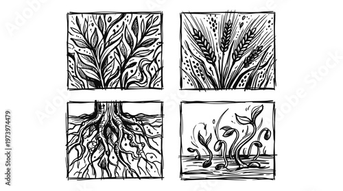 Agriculture Nature Plant Growth Stages Black  White Hand-Drawn Illustration: Roots, Wheat, Sprouts, Leaves