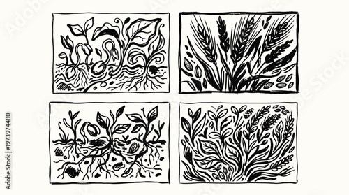 Black  White Line Art Plants, Sprouts, Seeds  Wheat for Agriculture  Nature Growth