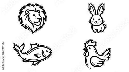 Animal and Food Industry Minimalist Black and White Line Art Icons Set