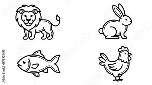 Animals and Wildlife Black  White Line Art Icons Set: Lion, Rabbit, Fish, Chicken Outline Symbols.