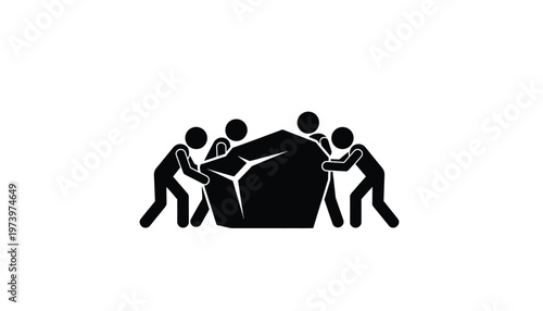 Four stick figures collaboratively pushing a large heavy rock representing teamwork, effort, and overcoming challenges together.