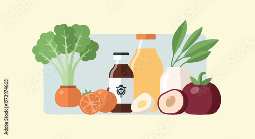 A flat vector graphic showcasing a selection of healthy food items like leafy greens, citrus fruits, bottled juice, and sliced plums.