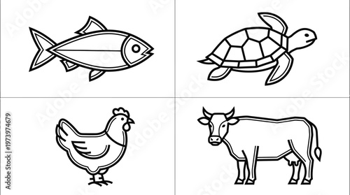 Agriculture, Food, and Nature Black  White Line Art Animal Icons: Fish, Turtle, Chicken, Cow