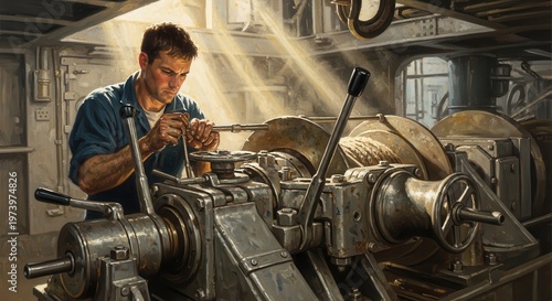 Skilled worker carefully operates heavy industrial machinery inside a bright workshop.