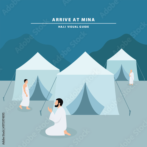 Pilgrims Staying in Mina Tent City. Islamic Pilgrimage Mina Camp Scene.