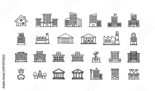 Building Related Thin Line Icons Collection with Residential Commercial and Industrial Editable Stroke