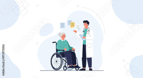 Doctor consulting with elderly woman in wheelchair, healthcare concept