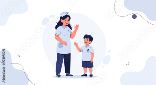 Nurse and Child Waving Hello, Healthcare, Medical, Friendly Interaction