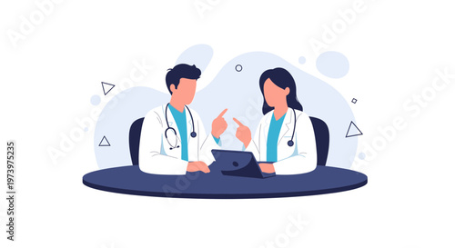 Two doctors discussing medical case on tablet, modern flat illustration