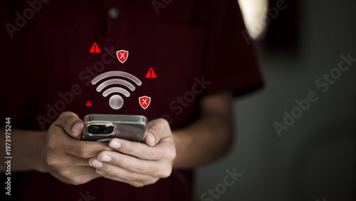 WiFi Security Risk and Network Connection Error with Warning and Cybersecurity Alert Icons
