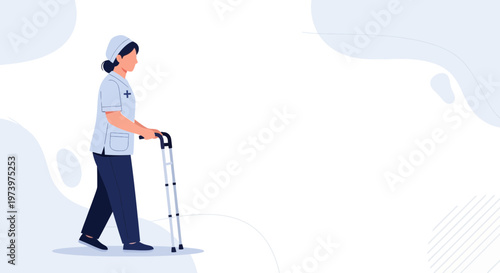 Nurse walking with a walker, healthcare, medical, assistance, elderly care, rehabilitation