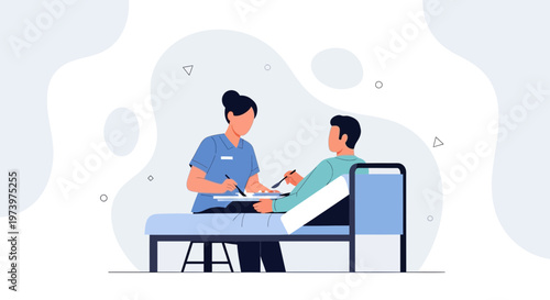 Nurse caring for patient in hospital bed, medical consultation and care concept