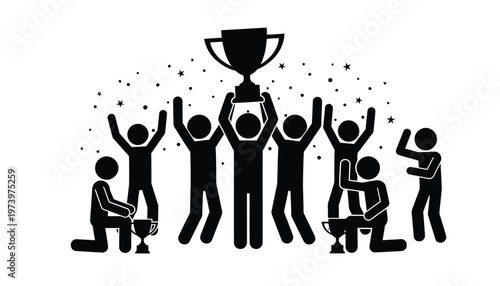 A group of stick figures celebrates a major victory by raising a large trophy high above them