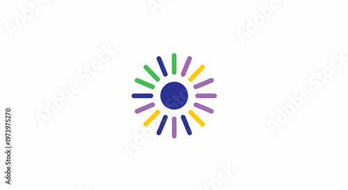 Abstract sunburst logo with colorful rays and a blue center.