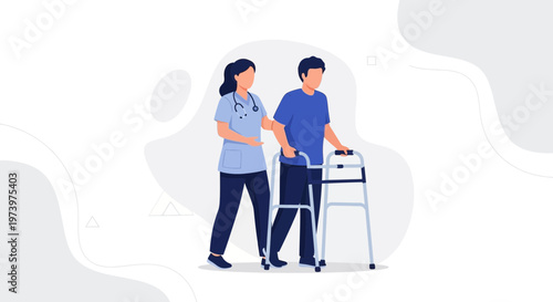 Nurse assisting patient with walker, rehabilitation and healthcare concept