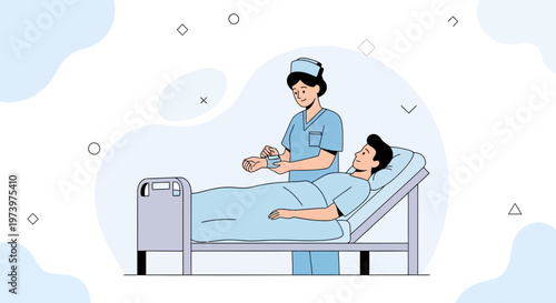 Nurse Administers Injection to Patient Lying in Hospital Bed, Medical Care Concept