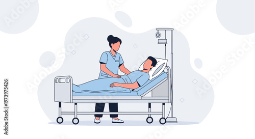 Nurse Caring for Patient in Hospital Bed with IV Drip