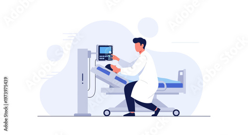 Doctor Adjusting Medical Monitor Next to Patient in Hospital Bed