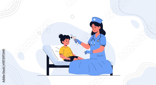 Nurse checks child's temperature with thermometer in hospital room