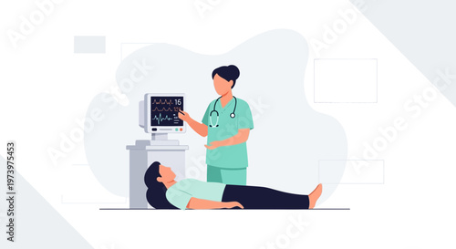 Nurse monitoring patient's vital signs on ECG machine in hospital room