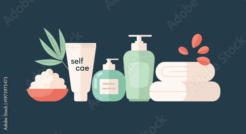 A collection of various self-care products including creams, soaps, and towels, arranged neatly against a dark blue background.