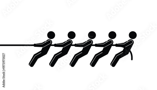 Five stick figures working together as a strong team pulling a long rope during an intense competition