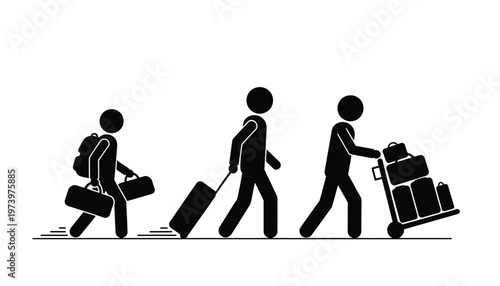 Stick figures carrying various luggage items including backpacks and suitcases while walking together on a white background