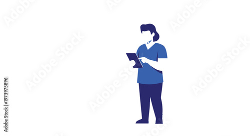 Female Medical Professional Reviews Patient Information on Tablet.