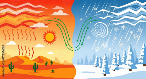 Global climate change concept showing extreme contrast between hot desert with sun and cold snowy forest landscape with winter storm weather patterns